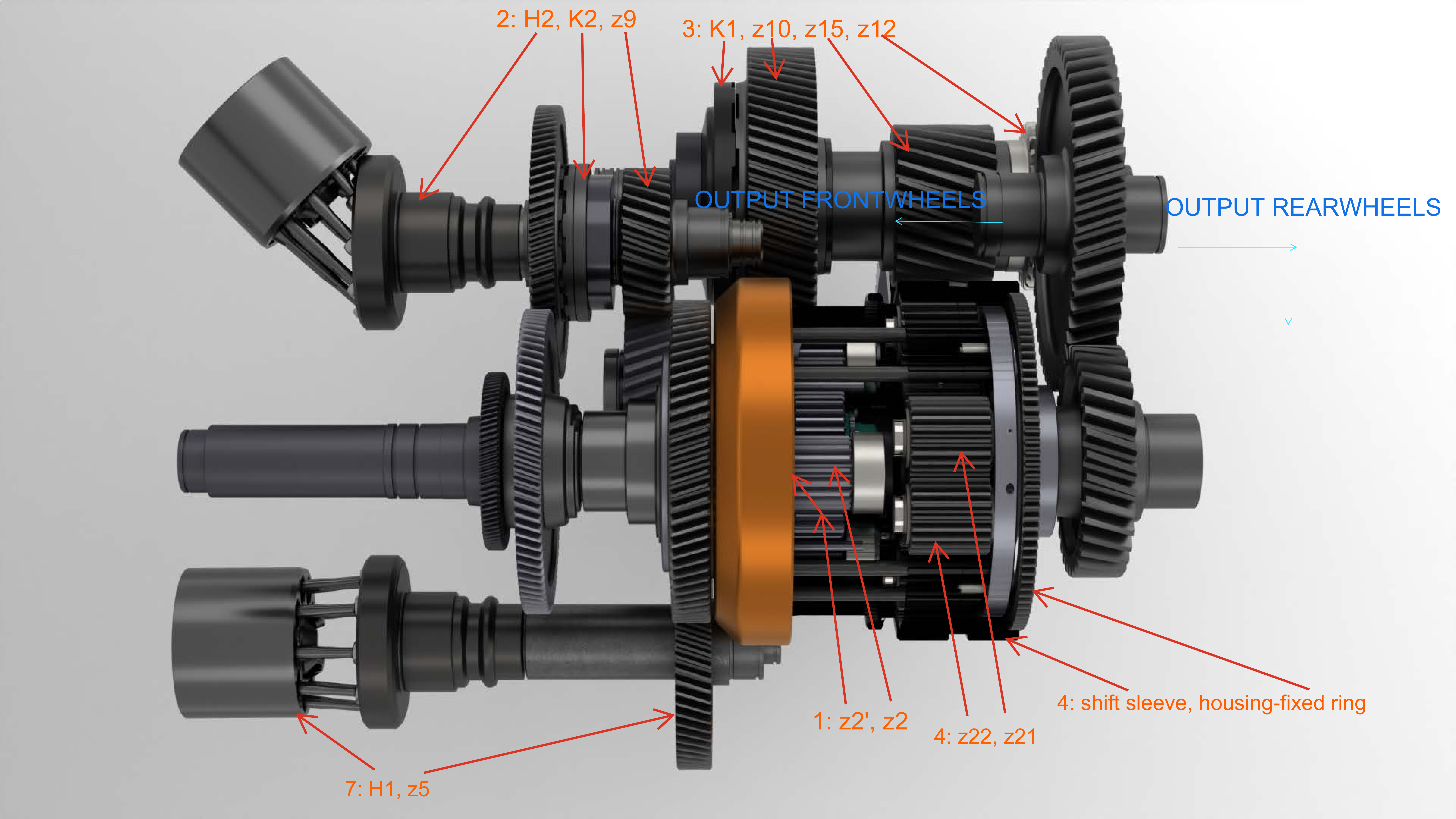 WSG transmission 3D exploded view showing all gear assemblies, hydrostats, and output shafts